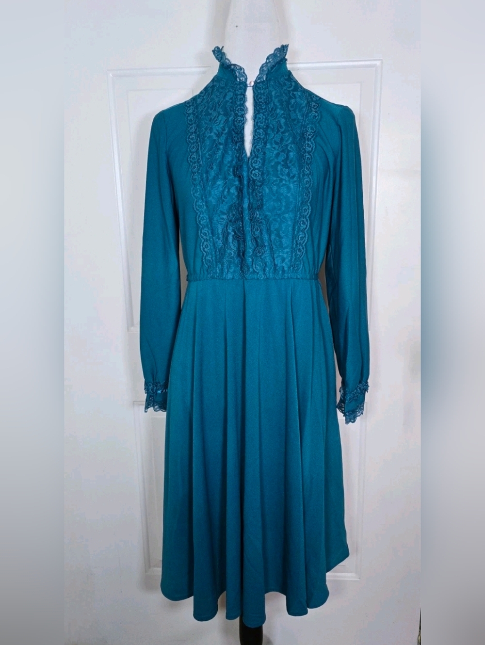 Vintage Jane Baar New York Blue Teal Long Sleeve Lace Dress Women's Size 12